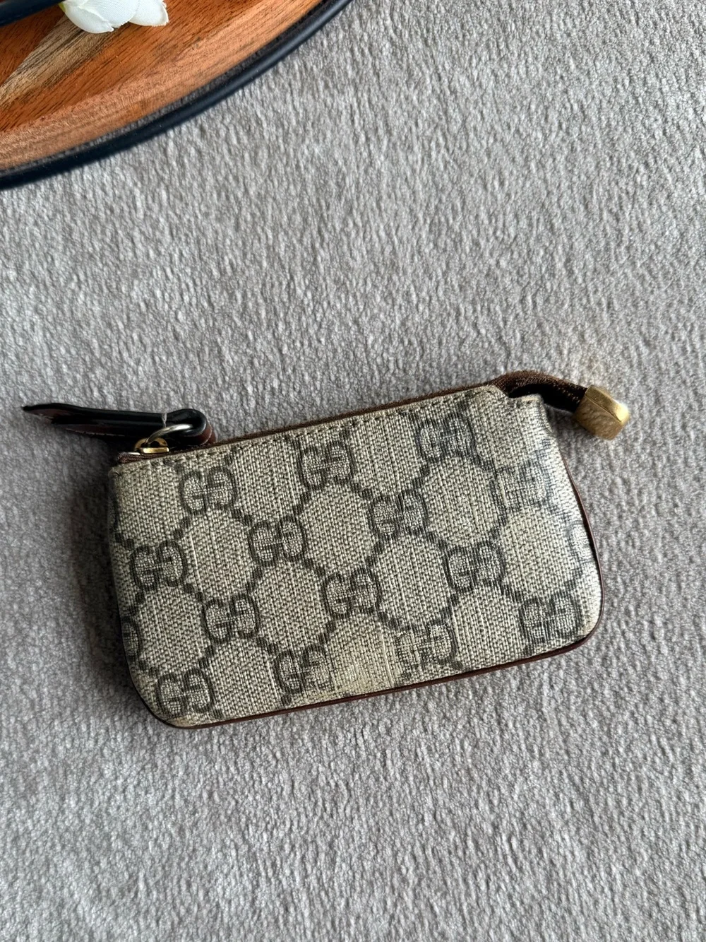 Gucci GG Supreme Monogram Key Pouch in Beige and Brown with Gold Hardware